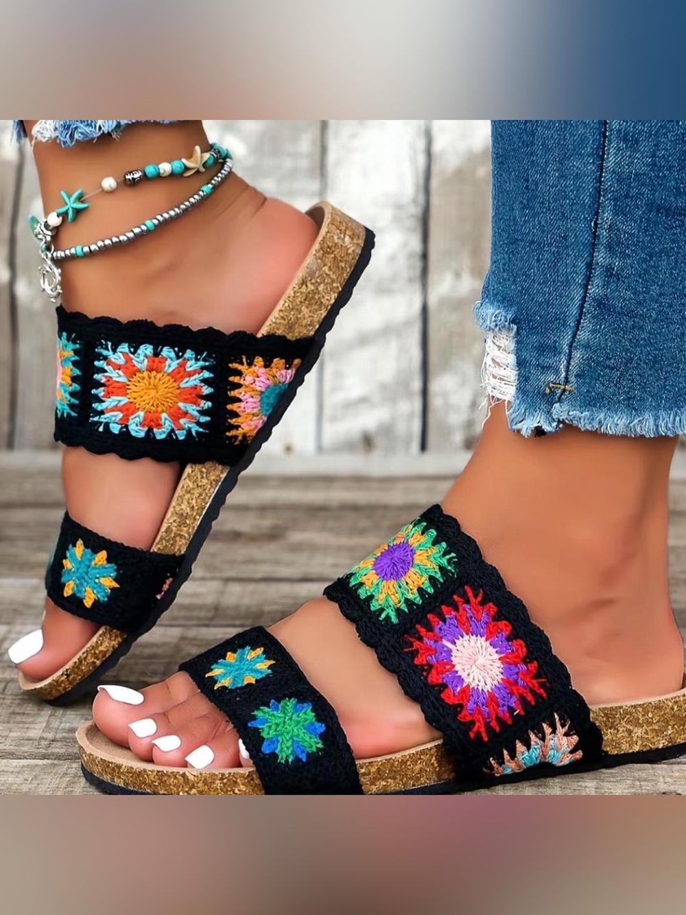 Women’s Black Crochet Multi-Color Cork Slide Sandals